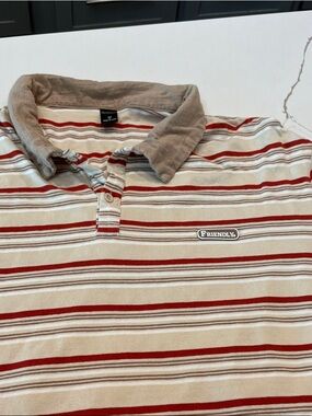 Dazy Friendly Striped Polo Shirt - Beige with Red Stripes XL Soft Mens